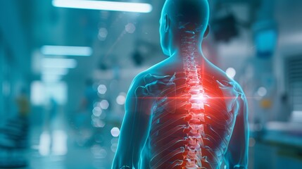 Human spine with highlighted pain point in medical setting