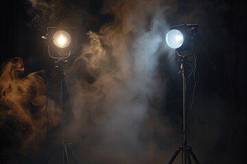 having installed two lighting devices for filming, they stand opposite each other with a black background of haze, light can be seen through the smoke
