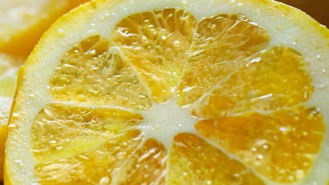 Lemon slice glistens with water droplets. Vibrant yellow pulp dominates, showcasing intricate textures and juicy segments. Extreme close-up reveals citrus freshness and tangy appeal.	