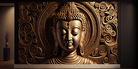 Luxurious Buddha 3D Mural – Elegant Design Perfect for Spas and High-End Hotels, Featuring a Detailed Buddha Sculpture in a Serene, Opulent Setting