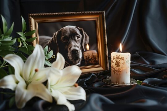 Close up of framed pet funeral display with dog picture collar candle and lily flower on black cloth