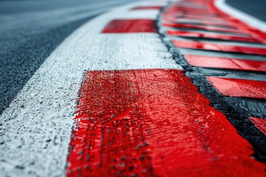 Close up of race track kerb in red and white detail