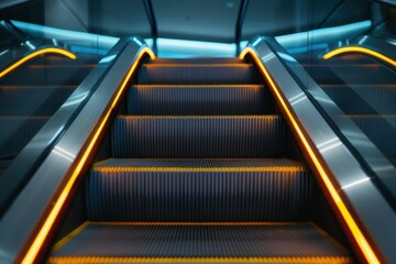 Close up view of a modern escalator with yellow safety edges highlighting its steps