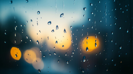 Raindrops on Window with Blurred City Lights Background