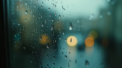 Raindrops on Window with Blurred City Lights Background