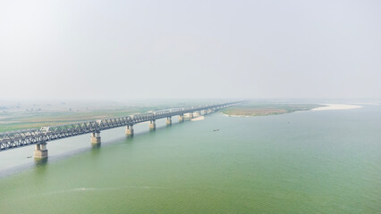  Aerial view of digha sonpur bridge or J. P. Setu is a rail-cum-road steel truss bridge across river ganga, connecting digha ghat in patna and pahleja ghat in sonpur at bihar India.