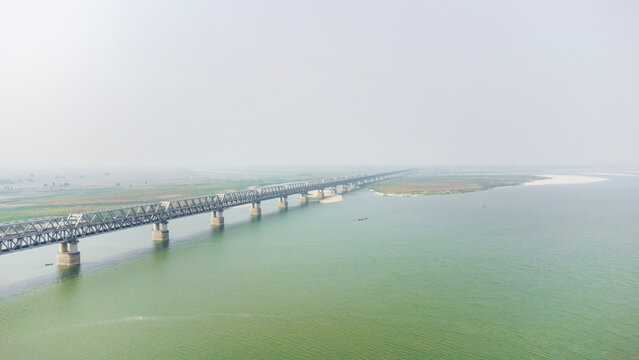  Aerial view of digha sonpur bridge or J. P. Setu is&nbsp;a rail-cum-road steel truss bridge across river ganga, connecting digha ghat in patna and pahleja ghat in sonpur at bihar India.