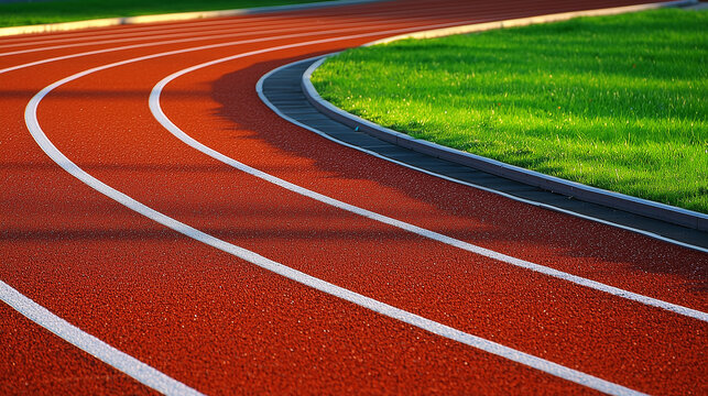 Empty Outdoor Running Track with Green Grass and Trees