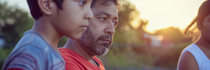 Father and Son Bonding Moment at Sunset in a Countryside Setting