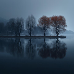 Misty Lake with Tree Reflection in the Morning