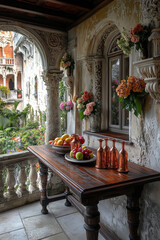 Elegant Terrace with Fruit and Flower Arrangement
