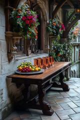 Elegant Terrace with Fruit and Flower Arrangement