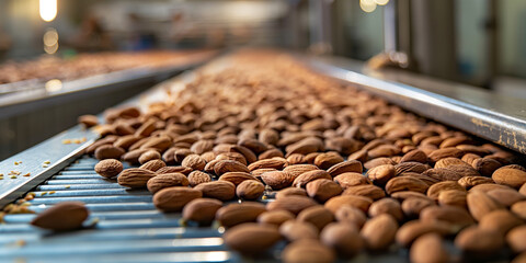 Industrial Almond Processing Line Fresh Nuts on Conveyor Belt in Modern Factory