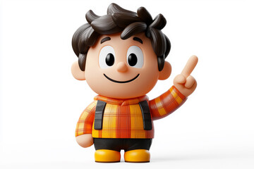 Happy smiling cartoon character man showing pointing finger standing confident on white background. Successful people male person concept