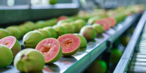 Automated Fresh Guava Processing on Conveyor Belt in Fruit Factory