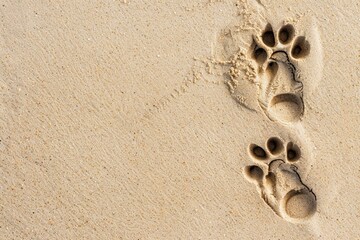 Dog paw prints in wet sand on beach Texture of sand Space for text