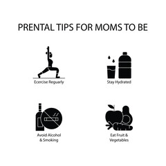 Moms’ Prenatal Essentials: Exercise, Hydrate, Avoid Risks, and Eat Healthy with editable stroke.