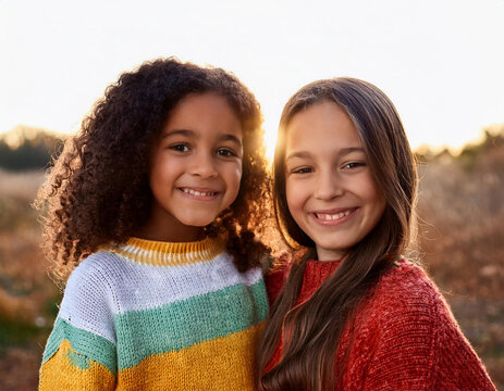Adorable Portrait of Diverse, Biracial, Mixed Ethnicity, Happy Sisters or Friends Smiling Together Outdoors under Natural Light with the Sun Glowing