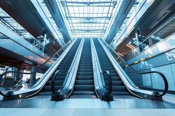 Empty escalators with exposed mechanisms in modern building during the day