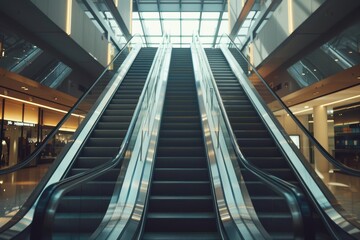 Empty modern shopping center escalators in symmetrical motion going both ways