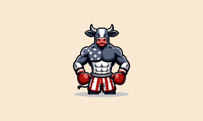 Fototapeta premium character cow wearing boxing gloves and shorts emblazoned with the American flag vector mascot design