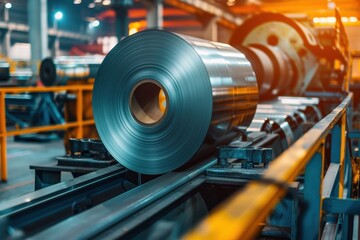 Fototapeta premium Galvanized steel coil for metal sheet forming machine in workshop toned by sunlight