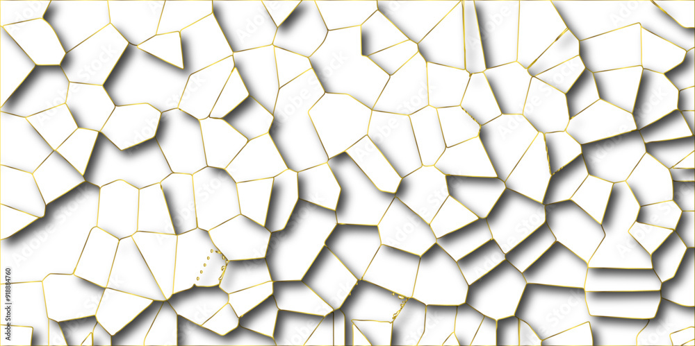Poster Abstract white paper cut shadows background realistic crumpled decoration textured with multi layers.Broken tiles mosaic seamless pattern.white gravel with golden line wallpaper. vector illustration.	