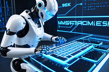 Futuristic business concept: robot typing on laptop, digital globe on screen, representing global network connection