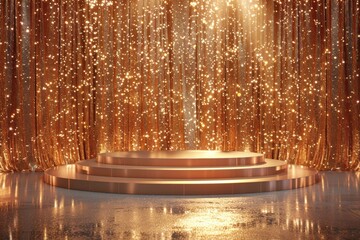 Golden Glitter Podium Under a Sparkling Curtain