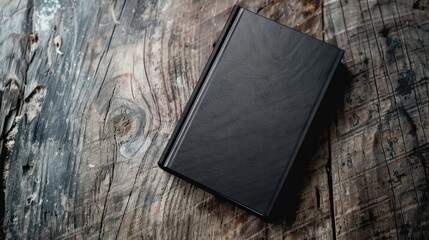A black book lying on a wooden table