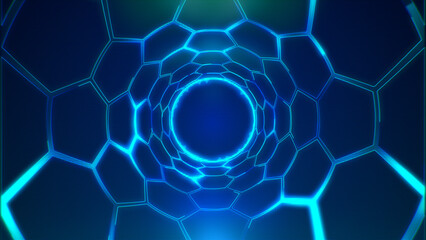 Blue laser glow lights hexagon tunnel technology abstract background.