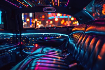 Limousine interior with colorful lights no people