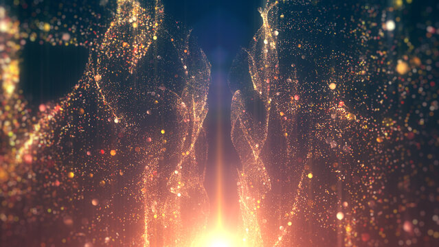 Gold dust particles and shiny light glamour abstract background.