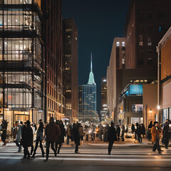 Obraz premium A city street during a storm at night, with reflections from streetlights and dimly lit buildings. AI generated