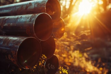Loaded cylindrical steel pipes glistening in the sunlight