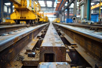 Manufactured steel train tracks showing tee and flat bottom sections