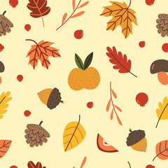 Seamless pattern of fall leaves, acorns, apples and berries. Autumn endless background.