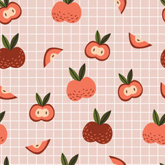 Seamless Pattern of Apples. Fruits on Pink Grid Background.