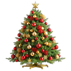 Beautifully decorated christmas tree with red and gold ornaments on transparent