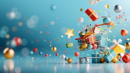 Overflowing Shopping Cart with Gifts and Decorations.