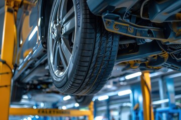 Fototapeta premium Mechanic checking lifted car s wheel and suspension at repair shop