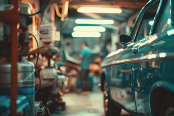 Obraz premium Mechanic fixing car in blurry garage