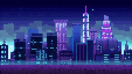 Obraz premium City skyline at night pixel art background. 8-bit game assets