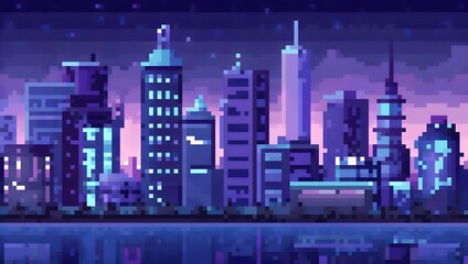 Obraz premium City skyline at night pixel art background. 8-bit game assets