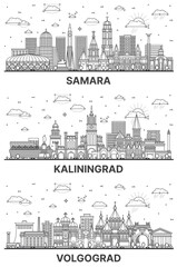 Naklejka premium Outline Samara, Kaliningrad and Volgograd Russia city skyline set with modern and historic buildings isolated on white. Cityscape with landmarks.