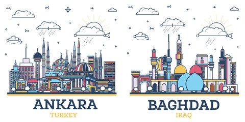 Naklejka premium Outline Baghdad Iraq and Ankara Turkey City Skyline set with Historic Colored Buildings Isolated on White. Cityscape with Landmarks.