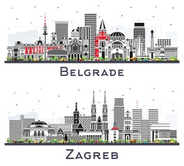 Fototapeta premium Zagreb and Belgrade Serbia City Skyline set with Color Buildings Isolated on White. Cityscape with Landmarks.