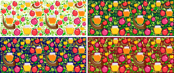 Rosh hashanah, Shana Tova - jewish new year holiday seamless pattern vector template background cartoon flat design Pomegranate, honey, wine, menorah, candle, star David, apple, shofar, flower. vector