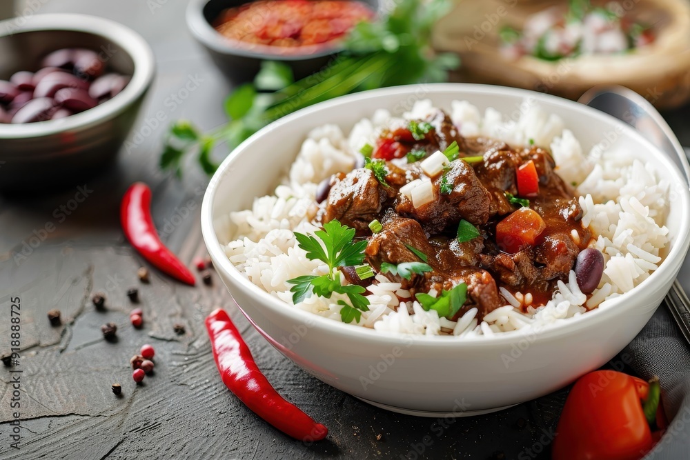 Poster mexican beef stew with beans rice in bowl traditional cuisine