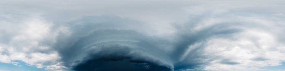 Dark moody rain storm clouds in overcast sky. Seamless 360 HDR spherical panorama. Full zenith or sky dome in 3D environment, sky replacement for aerial drone panoramas. Climate and weather change